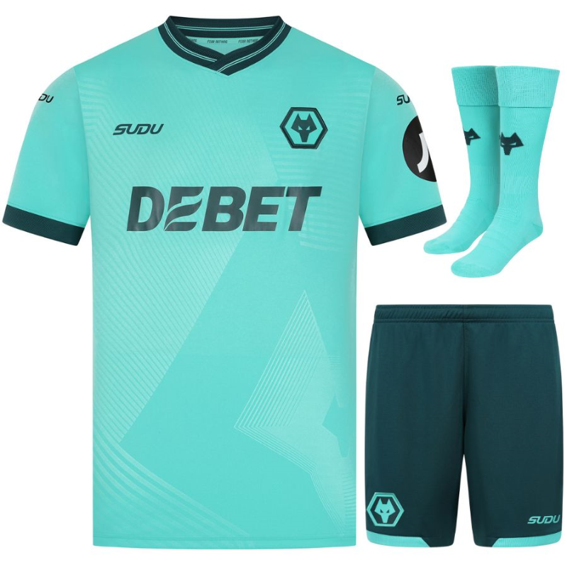 Set Completo Bambino Wolves 2025/26 – Maglia Trasferta Verde Smeraldo
